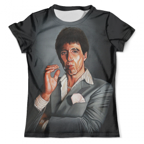 full_print_tee с принтом Tony Montana - Scarface в Рязани, Футболка с нанесением полноцветного изображения по всей поверхности может быть выполнена в двух вариантах - ХЛОПОК и СИНТЕТИКА. | Хлопок - ткань из 100% хлопка высшего качества пенье.  <br>Синтетика - ткань с высоким содержанием синтетического волокна (до 80%).  Материал хорошо тянется, имеет приятную на ощупь фактуру | 