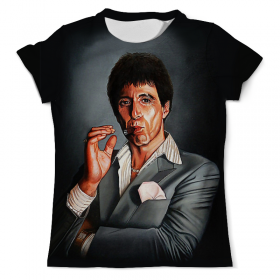 full_print_tee с принтом Tony Montana - Scarface в Рязани, Футболка с нанесением полноцветного изображения по всей поверхности может быть выполнена в двух вариантах - ХЛОПОК и СИНТЕТИКА. | Хлопок - ткань из 100% хлопка высшего качества пенье.  <br>Синтетика - ткань с высоким содержанием синтетического волокна (до 80%).  Материал хорошо тянется, имеет приятную на ощупь фактуру | 