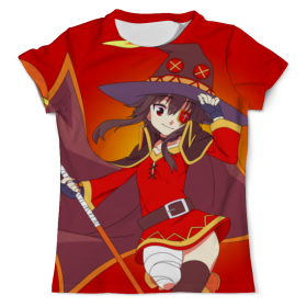 full_print_tee с принтом Мегумин. KonoSuba в Рязани, Футболка с нанесением полноцветного изображения по всей поверхности может быть выполнена в двух вариантах - ХЛОПОК и СИНТЕТИКА. | Хлопок - ткань из 100% хлопка высшего качества пенье.  <br>Синтетика - ткань с высоким содержанием синтетического волокна (до 80%).  Материал хорошо тянется, имеет приятную на ощупь фактуру | 