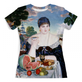 full_print_woman_tee с принтом Купчиха за чаем (Борис Кустодиев) в Рязани, Футболка с нанесением полноцветного изображения по всей поверхности может быть выполнена в двух вариантах - ХЛОПОК и СИНТЕТИКА. | Хлопок - ткань из 100% хлопка высшего качества пенье.  <br>Синтетика - ткань с высоким содержанием синтетического волокна (до 80%).  Материал хорошо тянется, имеет приятную на ощупь фактуру | Тематика изображения на принте: 