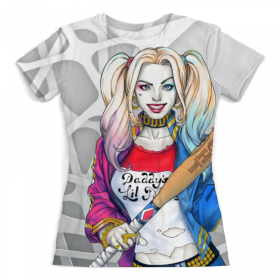 full_print_woman_tee с принтом Harley Quinn Design в Рязани, Футболка с нанесением полноцветного изображения по всей поверхности может быть выполнена в двух вариантах - ХЛОПОК и СИНТЕТИКА. | Хлопок - ткань из 100% хлопка высшего качества пенье.  <br>Синтетика - ткань с высоким содержанием синтетического волокна (до 80%).  Материал хорошо тянется, имеет приятную на ощупь фактуру | 