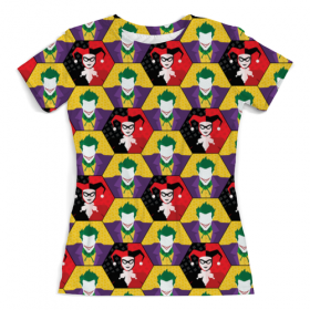 full_print_woman_tee с принтом Harley Quinn & The Joker в Рязани, Футболка с нанесением полноцветного изображения по всей поверхности может быть выполнена в двух вариантах - ХЛОПОК и СИНТЕТИКА. | Хлопок - ткань из 100% хлопка высшего качества пенье.  <br>Синтетика - ткань с высоким содержанием синтетического волокна (до 80%).  Материал хорошо тянется, имеет приятную на ощупь фактуру | Тематика изображения на принте: 