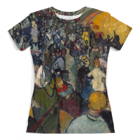 full_print_woman_tee с принтом Арена в Арле (Винсент Ван Гог) в Рязани, Футболка с нанесением полноцветного изображения по всей поверхности может быть выполнена в двух вариантах - ХЛОПОК и СИНТЕТИКА. | Хлопок - ткань из 100% хлопка высшего качества пенье.  <br>Синтетика - ткань с высоким содержанием синтетического волокна (до 80%).  Материал хорошо тянется, имеет приятную на ощупь фактуру | 