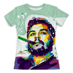 full_print_woman_tee с принтом Ernesto Che Guevara в Рязани, Футболка с нанесением полноцветного изображения по всей поверхности может быть выполнена в двух вариантах - ХЛОПОК и СИНТЕТИКА. | Хлопок - ткань из 100% хлопка высшего качества пенье.  <br>Синтетика - ткань с высоким содержанием синтетического волокна (до 80%).  Материал хорошо тянется, имеет приятную на ощупь фактуру | 