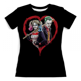 full_print_woman_tee с принтом Harley Quinn & Joker в Рязани, Футболка с нанесением полноцветного изображения по всей поверхности может быть выполнена в двух вариантах - ХЛОПОК и СИНТЕТИКА. | Хлопок - ткань из 100% хлопка высшего качества пенье.  <br>Синтетика - ткань с высоким содержанием синтетического волокна (до 80%).  Материал хорошо тянется, имеет приятную на ощупь фактуру | 