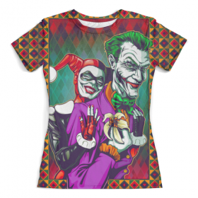 full_print_woman_tee с принтом The Joker&Harley Quinn Design (new) в Рязани, Футболка с нанесением полноцветного изображения по всей поверхности может быть выполнена в двух вариантах - ХЛОПОК и СИНТЕТИКА. | Хлопок - ткань из 100% хлопка высшего качества пенье.  <br>Синтетика - ткань с высоким содержанием синтетического волокна (до 80%).  Материал хорошо тянется, имеет приятную на ощупь фактуру | Тематика изображения на принте: 