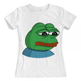 full_print_woman_tee с принтом Pepe the frog в Рязани, Футболка с нанесением полноцветного изображения по всей поверхности может быть выполнена в двух вариантах - ХЛОПОК и СИНТЕТИКА. | Хлопок - ткань из 100% хлопка высшего качества пенье.  <br>Синтетика - ткань с высоким содержанием синтетического волокна (до 80%).  Материал хорошо тянется, имеет приятную на ощупь фактуру | 