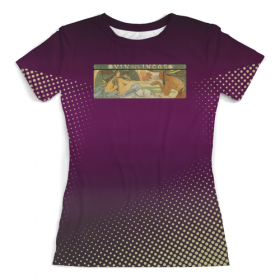 full_print_woman_tee с принтом Альфонс Муха, «Вино Инков» в Рязани, Футболка с нанесением полноцветного изображения по всей поверхности может быть выполнена в двух вариантах - ХЛОПОК и СИНТЕТИКА. | Хлопок - ткань из 100% хлопка высшего качества пенье.  <br>Синтетика - ткань с высоким содержанием синтетического волокна (до 80%).  Материал хорошо тянется, имеет приятную на ощупь фактуру | 