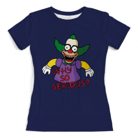 full_print_woman_tee с принтом Why so serious? в Рязани, Футболка с нанесением полноцветного изображения по всей поверхности может быть выполнена в двух вариантах - ХЛОПОК и СИНТЕТИКА. | Хлопок - ткань из 100% хлопка высшего качества пенье.  <br>Синтетика - ткань с высоким содержанием синтетического волокна (до 80%).  Материал хорошо тянется, имеет приятную на ощупь фактуру | 