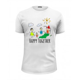 Мужская футболка Premium с принтом Happy Together в Рязани, Белый, черный, серый меланж, голубой: 100% хлопок, плотность 160 гр. Остальные цвета: 92% хлопок, 8% лайкра, плотность 170-180гр. |  | 