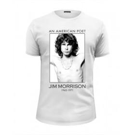 Мужская футболка Premium с принтом Джим Моррисон в Рязани, Белый, черный, серый меланж, голубой: 100% хлопок, плотность 160 гр. Остальные цвета: 92% хлопок, 8% лайкра, плотность 170-180гр. |  | 