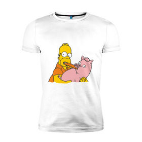 Мужская футболка премиум с принтом Гомер и свинья в Рязани, 92% хлопок, 8% лайкра | приталенный силуэт, круглый вырез ворота, длина до линии бедра, короткий рукав | гомер