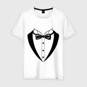 Мужская футболка хлопок с принтом Смокинг с бабочкой в Рязани, 100% хлопок | прямой крой, круглый вырез горловины, длина до линии бедер, слегка спущенное плечо. | костюм | строгая
