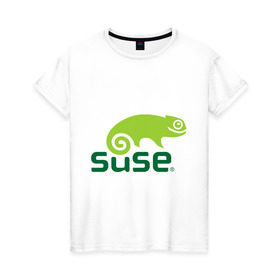 Женская футболка хлопок с принтом Suse в Рязани, 100% хлопок | прямой крой, круглый вырез горловины, длина до линии бедер, слегка спущенное плечо | linux | suse | линукс | программа | софт