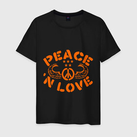 Мужская футболка хлопок с принтом Peace n Love в Рязани, 100% хлопок | прямой крой, круглый вырез горловины, длина до линии бедер, слегка спущенное плечо. | Тематика изображения на принте: хиппи