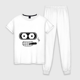 Женская пижама хлопок с принтом Bender в Рязани, 100% хлопок | брюки и футболка прямого кроя, без карманов, на брюках мягкая резинка на поясе и по низу штанин | bender | benderмультик | futurama | бендер | мультфильм | футурама