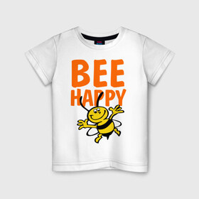 Детская футболка хлопок с принтом BeeHappy в Рязани, 100% хлопок | круглый вырез горловины, полуприлегающий силуэт, длина до линии бедер | Тематика изображения на принте: веселая | насекомое | настроение | позитив | пчела | пчелка | счастливый | счастье | эмоции