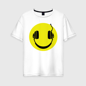 Женская футболка хлопок Oversize с принтом Смайлик-наушники в Рязани, 100% хлопок | свободный крой, круглый ворот, спущенный рукав, длина до линии бедер
 | smile | наушники | смайл | смайлик | смайлики | улыбка