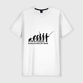 Мужская футболка премиум с принтом Рыбак. Эволюция в Рязани, 92% хлопок, 8% лайкра | приталенный силуэт, круглый вырез ворота, длина до линии бедра, короткий рукав | рыба | рыбак | рыбалка | удочка | эволюция