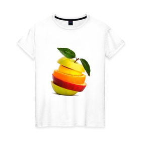 Женская футболка хлопок с принтом мега яблоко в Рязани, 100% хлопок | прямой крой, круглый вырез горловины, длина до линии бедер, слегка спущенное плечо | апельсин | брызги | вода | лимон | фрукты | яблоко