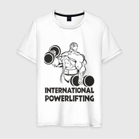 Мужская футболка хлопок с принтом International Powerlifting в Рязани, 100% хлопок | прямой крой, круглый вырез горловины, длина до линии бедер, слегка спущенное плечо. | Тематика изображения на принте: 