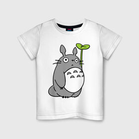 Детская футболка хлопок с принтом TOTORO с листом в Рязани, 100% хлопок | круглый вырез горловины, полуприлегающий силуэт, длина до линии бедер | Тематика изображения на принте: totoro | totoro с листом | аниме | тоторо