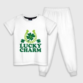 Детская пижама хлопок с принтом Lucky charm - подкова в Рязани, 100% хлопок |  брюки и футболка прямого кроя, без карманов, на брюках мягкая резинка на поясе и по низу штанин
 | Тематика изображения на принте: patricks day | saint patricks day | день патрика | день святого патрика | клевер | подкова | удача | четырехлистный клевер