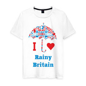Мужская футболка хлопок с принтом я люблю Британию в Рязани, 100% хлопок | прямой крой, круглый вырез горловины, длина до линии бедер, слегка спущенное плечо. | i love rainy britain | rainy britain | зонт | зонтик | я люблю британию