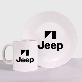 Набор: тарелка + кружка с принтом Jeep logo в Рязани, керамика | Кружка: объем — 330 мл, диаметр — 80 мм. Принт наносится на бока кружки, можно сделать два разных изображения. 
Тарелка: диаметр - 210 мм, диаметр для нанесения принта - 120 мм. | Тематика изображения на принте: jeep | автомобиль jeep | автомобиль джип | джип | логотип jeep | логотип джип