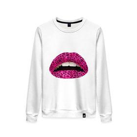 Женский свитшот хлопок с принтом Pink leopard lips в Рязани, 100% хлопок | прямой крой, круглый вырез, на манжетах и по низу широкая трикотажная резинка  | lips | губы | леопард | помада | поцелуй