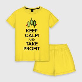 Женская пижама с шортиками хлопок с принтом Keep calm andTake profit. в Рязани, 100% хлопок | футболка прямого кроя, шорты свободные с широкой мягкой резинкой | keep calm | take profit | делайте прибыль | прибыль | сохраняйте спокойствие