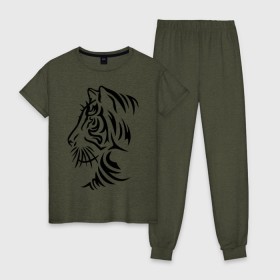 Женская пижама хлопок с принтом Тигр тату в Рязани, 100% хлопок | брюки и футболка прямого кроя, без карманов, на брюках мягкая резинка на поясе и по низу штанин | татуировки