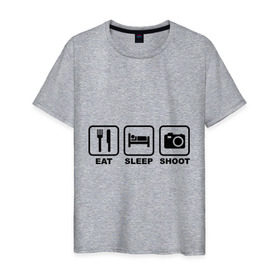 Мужская футболка хлопок с принтом Eat Sleep Shoot (Ешь, Спи, Фотографируй) в Рязани, 100% хлопок | прямой крой, круглый вырез горловины, длина до линии бедер, слегка спущенное плечо. | eat sleep shoot | вилка | ешь | кровать | снимок | сон | спи | фотоаппарат | фотографируй