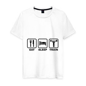 Мужская футболка хлопок с принтом Eat Sleep Train (Ешь, Спи, Тренируйся) в Рязани, 100% хлопок | прямой крой, круглый вырез горловины, длина до линии бедер, слегка спущенное плечо. | Тематика изображения на принте: eat sleep train | ешь | силовой спорт | спи | спорт | тренируйся