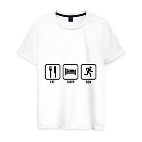 Мужская футболка хлопок с принтом Eat Sleep Run (Еда, Сон, Бег) в Рязани, 100% хлопок | прямой крой, круглый вырез горловины, длина до линии бедер, слегка спущенное плечо. | eat sleep run | бег | вилка | еда | кровать | сон