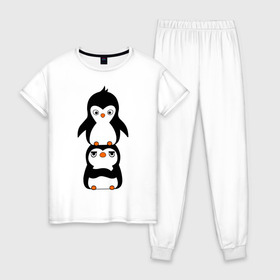 Женская пижама хлопок с принтом Пингвины в Рязани, 100% хлопок | брюки и футболка прямого кроя, без карманов, на брюках мягкая резинка на поясе и по низу штанин | 14 февраля | влюбленным | пингвины | прикольные картинки