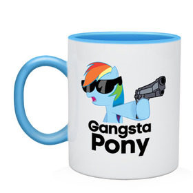 Кружка двухцветная с принтом Gangsta pony в Рязани, керамика | объем — 330 мл, диаметр — 80 мм. Цветная ручка и кайма сверху, в некоторых цветах — вся внутренняя часть | gangsta pony | my little pony | pony | брони | ганста пони | оружие | очки | пистолет | пони