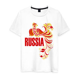 Мужская футболка хлопок с принтом Россия в Рязани, 100% хлопок | прямой крой, круглый вырез горловины, длина до линии бедер, слегка спущенное плечо. | жар | золотая | металл | патриот | птица | россия | русский