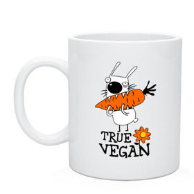 Кружка с принтом True vegan (истинный веган) в Рязани, керамика | объем — 330 мл, диаметр — 80 мм. Принт наносится на бока кружки, можно сделать два разных изображения | Тематика изображения на принте: carrot | flower | rabbit | true | vegan | веган | заяц | истинный | морковка | ролик | цветок | экология