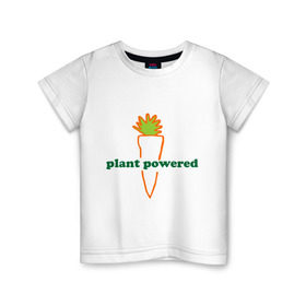 Детская футболка хлопок с принтом Vegetarian plant powered в Рязани, 100% хлопок | круглый вырез горловины, полуприлегающий силуэт, длина до линии бедер | carrot | plant | power | vegan. vegeterian | веган | вегетарианец | заряжен | морковь | овощи | растение | сила | фрукты