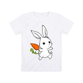 Детская футболка хлопок с принтом Зайка с морковкой в Рязани, 100% хлопок | круглый вырез горловины, полуприлегающий силуэт, длина до линии бедер | белый | зайка | заяц | кролик | милый | морковь