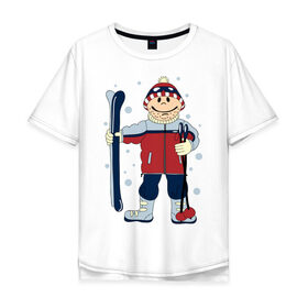 Мужская футболка хлопок Oversize с принтом Лыжник в Рязани, 100% хлопок | свободный крой, круглый ворот, “спинка” длиннее передней части | лыжи | лыжник | палки | снег | снежинки | спорт