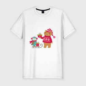 Мужская футболка премиум с принтом Медведь и сова в Рязани, 92% хлопок, 8% лайкра | приталенный силуэт, круглый вырез ворота, длина до линии бедра, короткий рукав | венок | медведь. сова. санки | новый год | подарки | праздник | снег | снежинки | холод | шапки