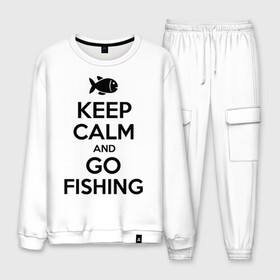 Мужской костюм хлопок с принтом Keep calm and go fishing в Рязани, 100% хлопок | на свитшоте круглая горловина, мягкая резинка по низу. Брюки заужены к низу, на них два вида карманов: два “обычных” по бокам и два объемных, с клапанами, расположенные ниже линии бедра. Брюки с мягкой трикотажной резинкой на поясе и по низу штанин. В поясе для дополнительного комфорта — широкие завязки | fishing | keep calm | рыбак | рыбалка | рыбачить | сохраняй спокойствие