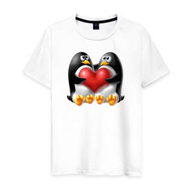 Мужская футболка хлопок с принтом Влюбленные пингвины в Рязани, 100% хлопок | прямой крой, круглый вырез горловины, длина до линии бедер, слегка спущенное плечо. | Тематика изображения на принте: . любовь | влюбленные пингвины с сердцемвлюбленные | пингвины | сердце