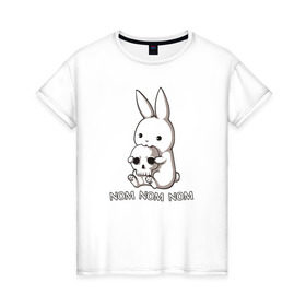 Женская футболка хлопок с принтом Кролик с черепом в Рязани, 100% хлопок | прямой крой, круглый вырез горловины, длина до линии бедер, слегка спущенное плечо | Тематика изображения на принте: @ | заяц | картинка | кролик | прикол | череп