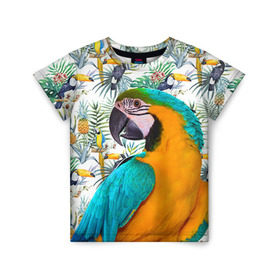 Детская футболка 3D с принтом Попугаи в Рязани, 100% гипоаллергенный полиэфир | прямой крой, круглый вырез горловины, длина до линии бедер, чуть спущенное плечо, ткань немного тянется | myparrots | parrot | ара | листья | орнамент | попугаи | птицы | рай | синежелтый | тукан | узор | цветы