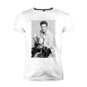 Мужская футболка премиум с принтом Элвис Пресли с гитарой в Рязани, 92% хлопок, 8% лайкра | приталенный силуэт, круглый вырез ворота, длина до линии бедра, короткий рукав | elvis presley | певец | рок н ролл | элвис пресли