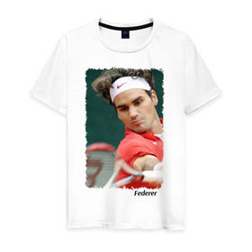 Мужская футболка хлопок с принтом Роджер Федерер в Рязани, 100% хлопок | прямой крой, круглый вырез горловины, длина до линии бедер, слегка спущенное плечо. | roger federer | роджер федерер | теннис | чемпион