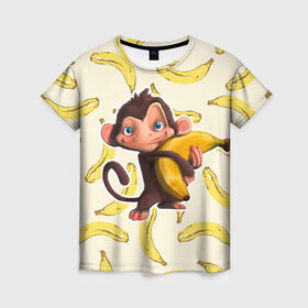 Женская футболка 3D с принтом Обезьяна с бананом в Рязани, 100% полиэфир ( синтетическое хлопкоподобное полотно) | прямой крой, круглый вырез горловины, длина до линии бедер | мартышка | обезьяна